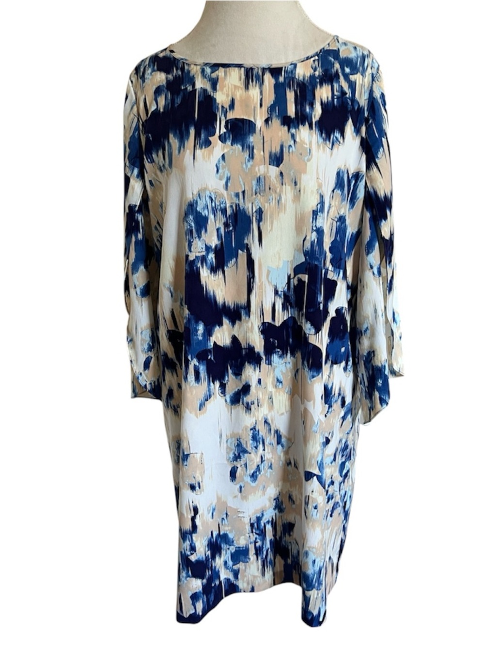 NYDJ Blue Abstract Watercolor Shift Dress NWT Size 10 Split Sleeve Shift